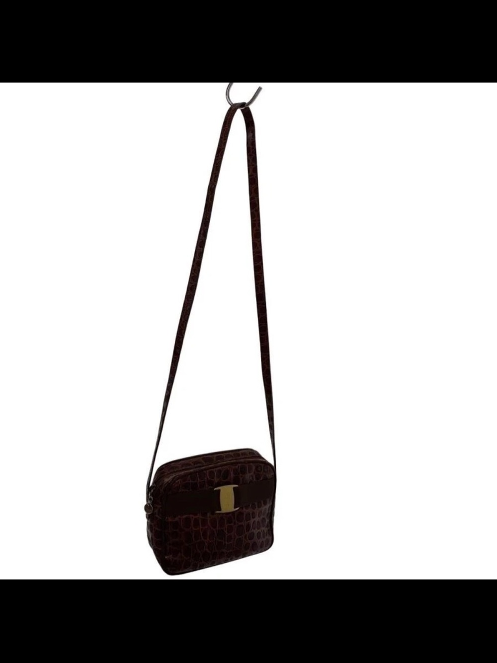Salvatore Ferragamo Dark Brown Croc-Embossed Crossbody with Gold Accent